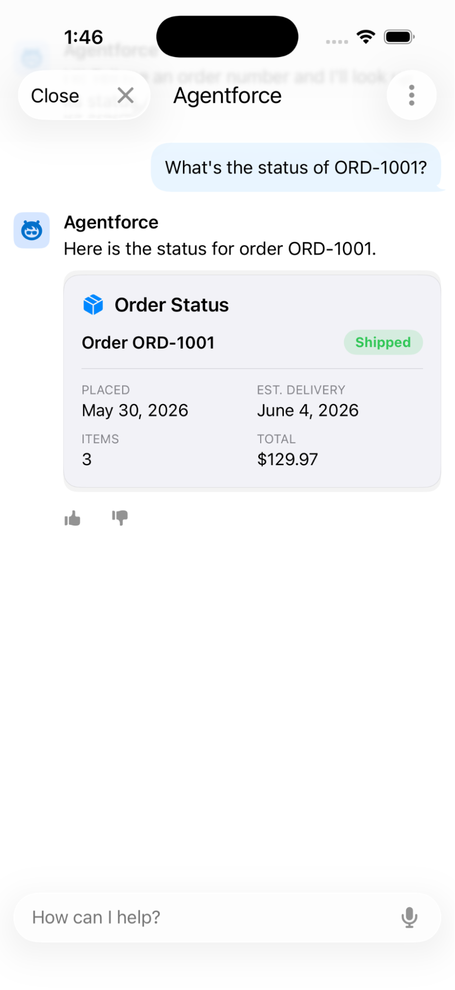 Native iOS mobile app built with the Agentforce Mobile SDK, rendering a custom LWC