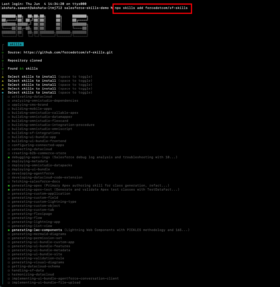 Interactive skill selection interface showing various Salesforce skills