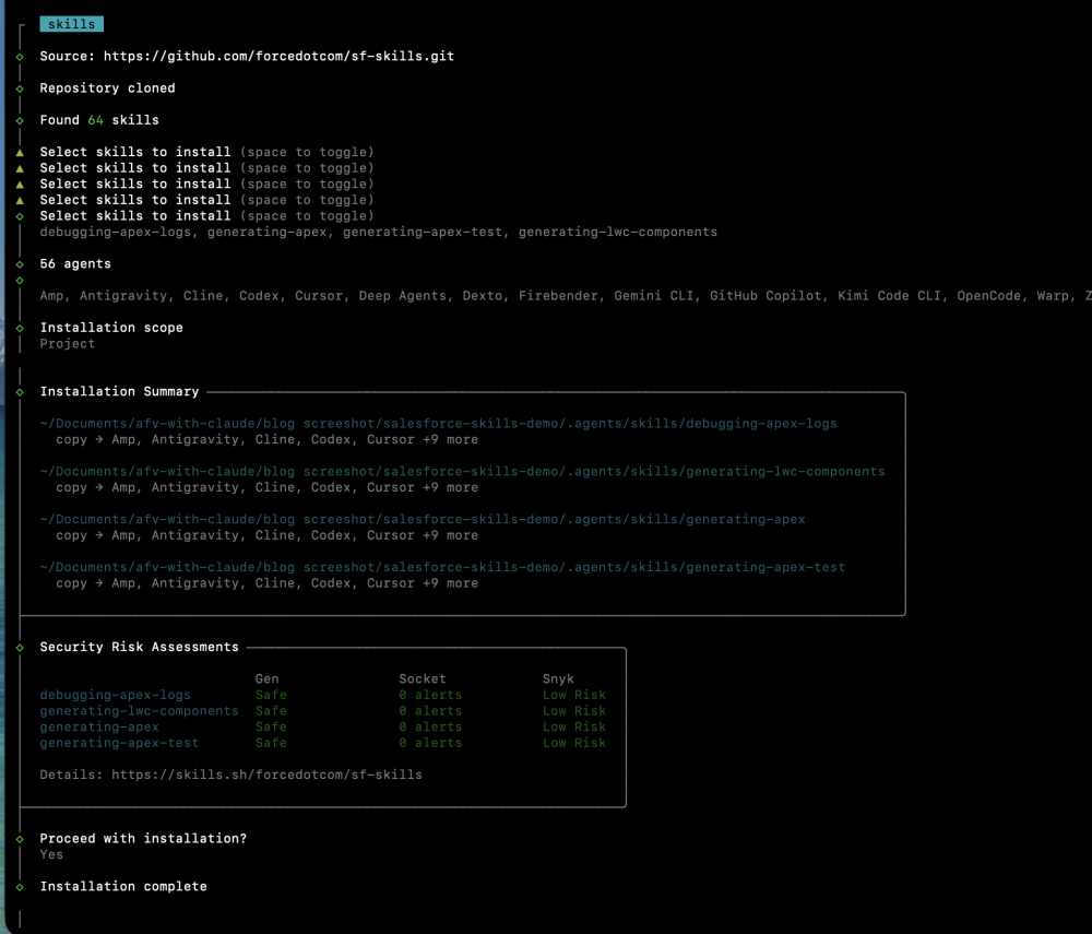Screenshot of the skills-lock.json file showing installed skills