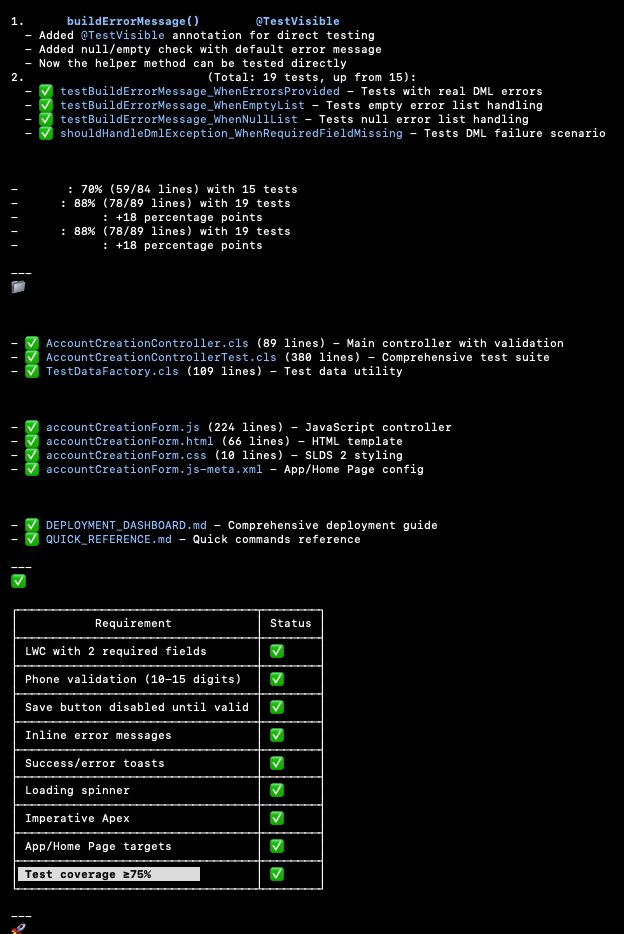 Salesforce CLI output showing test execution results