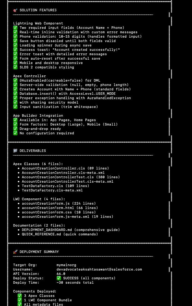 Salesforce CLI showing successful deployment of Lightning web component, Apex controller, and test class files