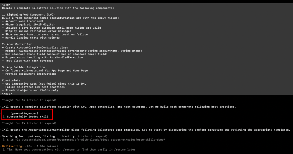 Terminal showing the complete prompt for creating an Account Creation form