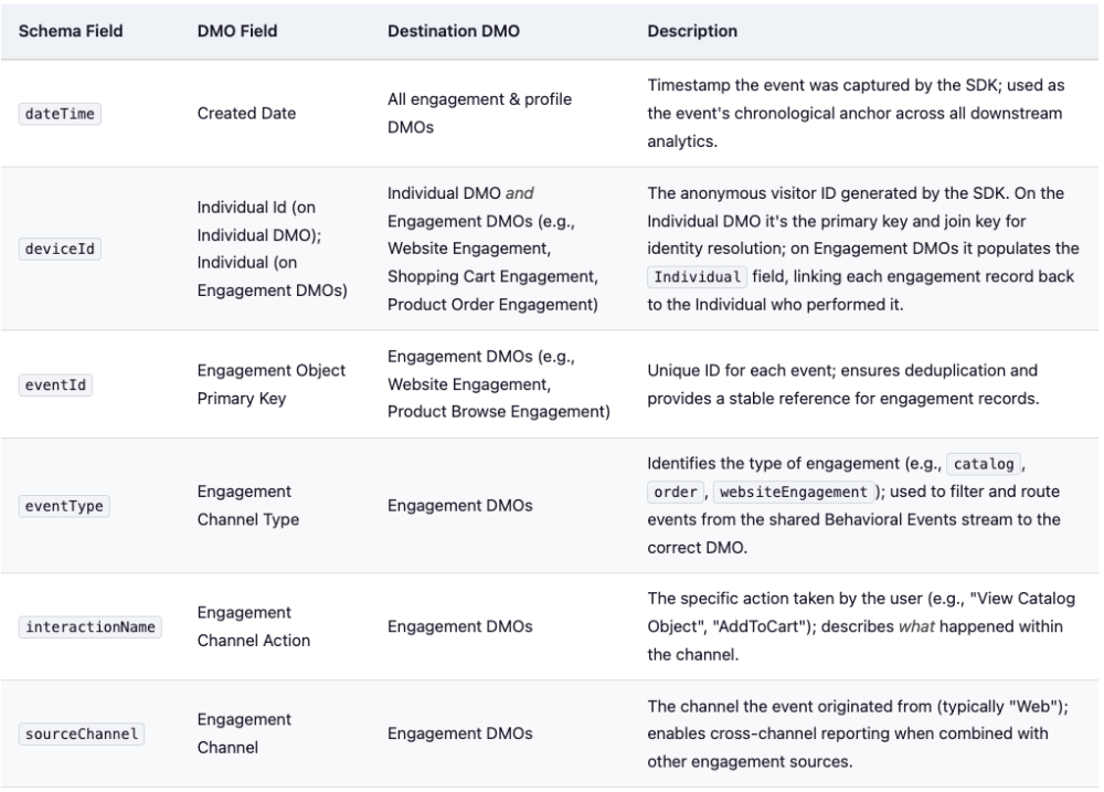 Screenshot of a table listing each website schema field, and which DMO field it maps to