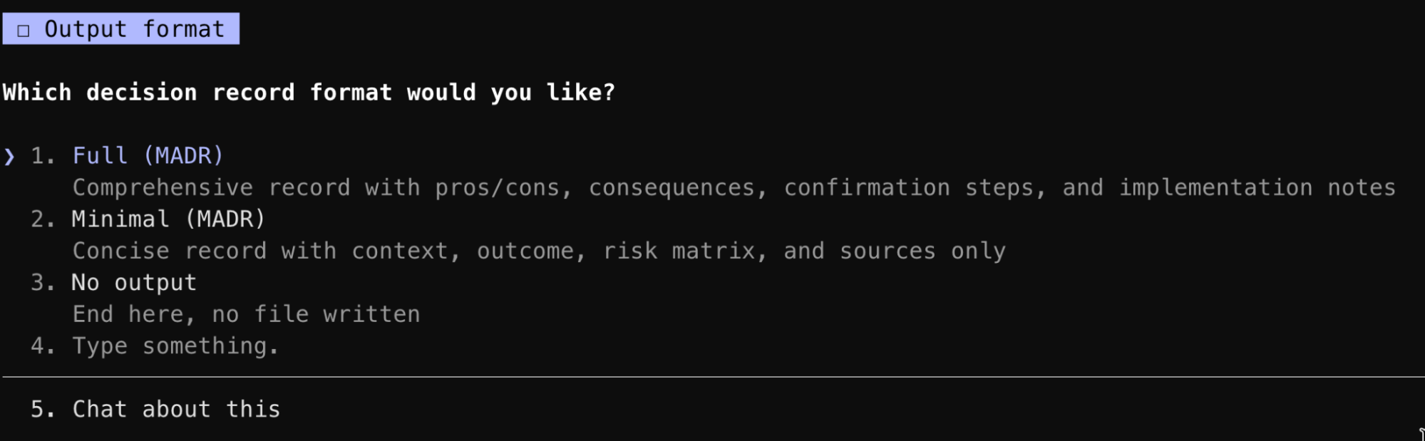 A decision summary and output markdown