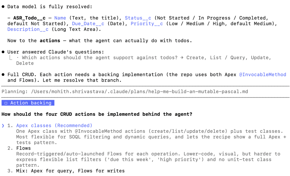 The Claude Code assistant interviewing the developer