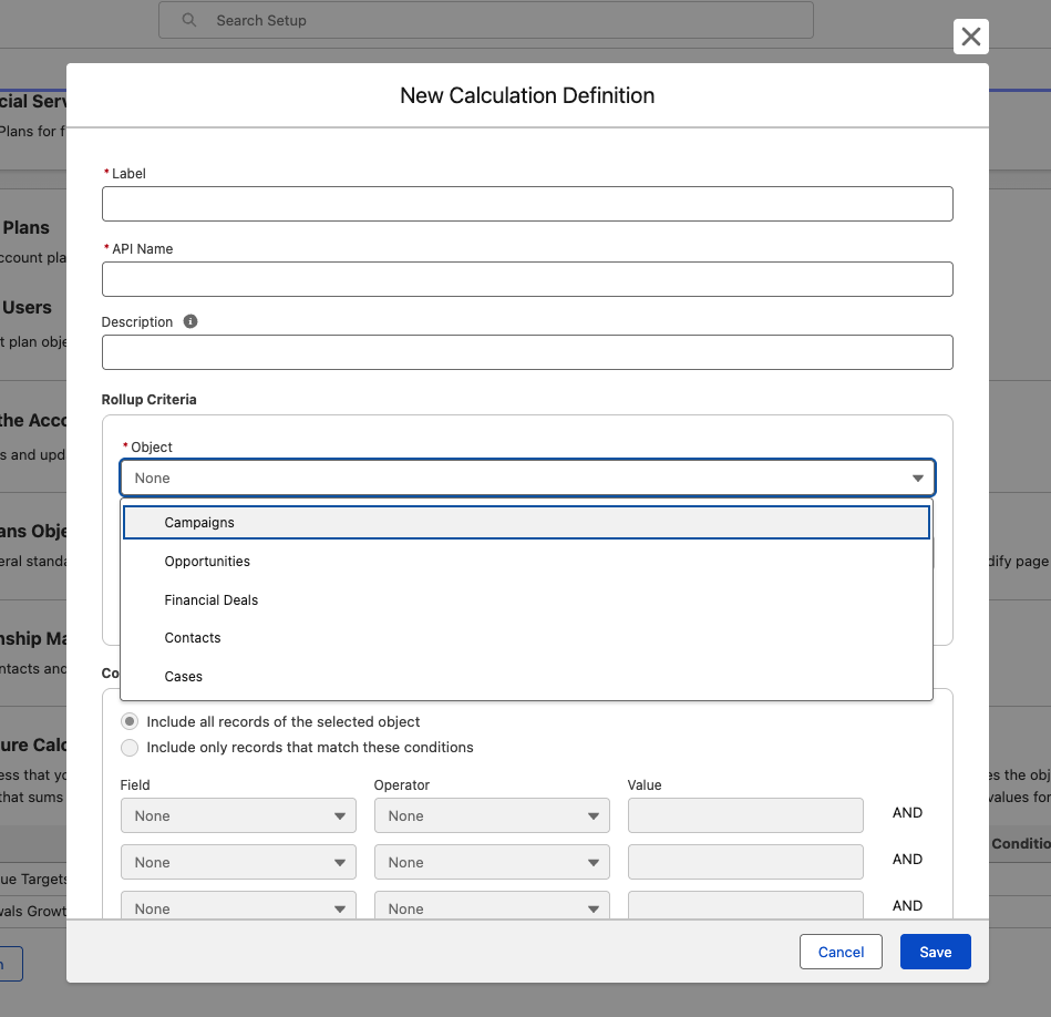 Screenshot of the New Calculation Definition dialog box showing rollup criteria