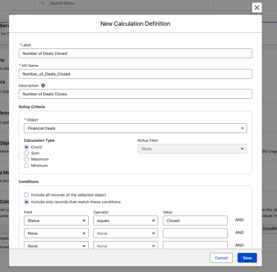 Screenshot of the New Calculation Definition dialog box showing conditional filters