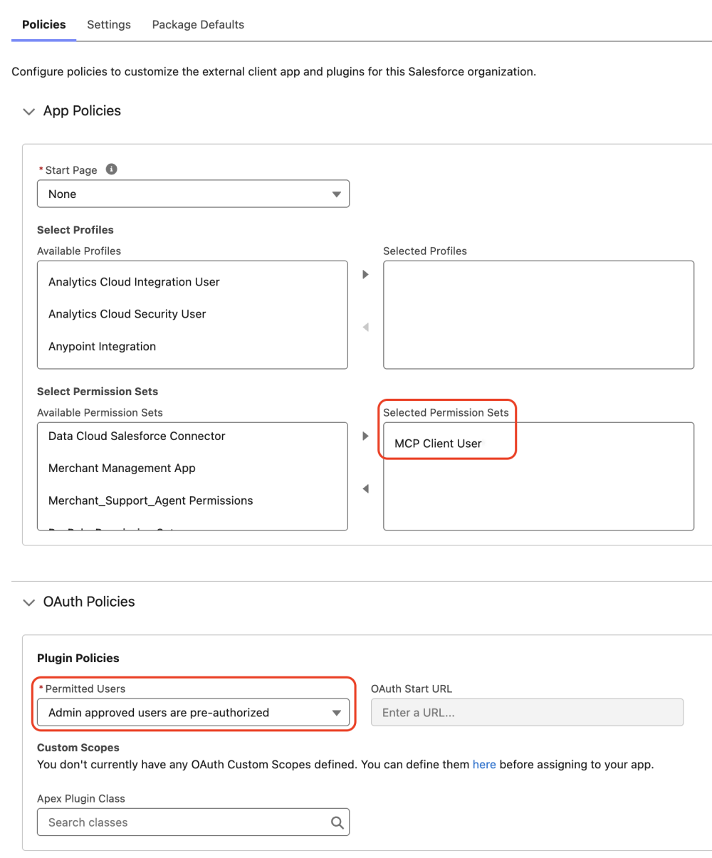 Screenshot of the ECA configuration showing how to only allow users with the "MCP Client User" permission set