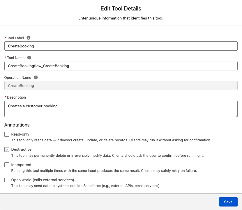Screenshot of MCP tool annotation configuration