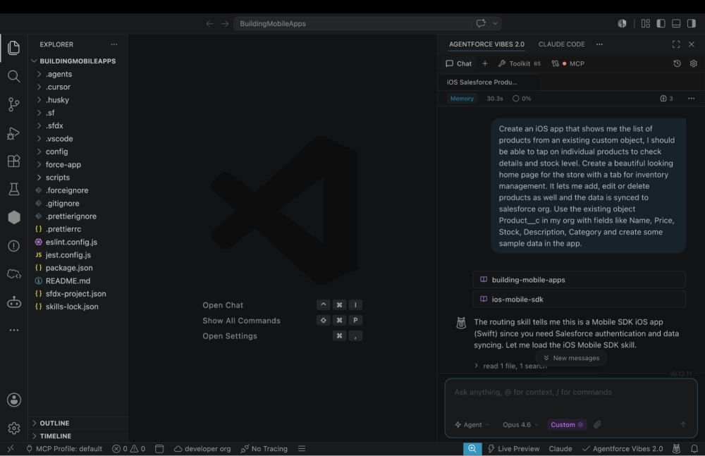 Screenshot displaying Agentforce Vibes chat panel with the prompt to create a mobile app and Mobile-apps-create skill being invoked by the agent