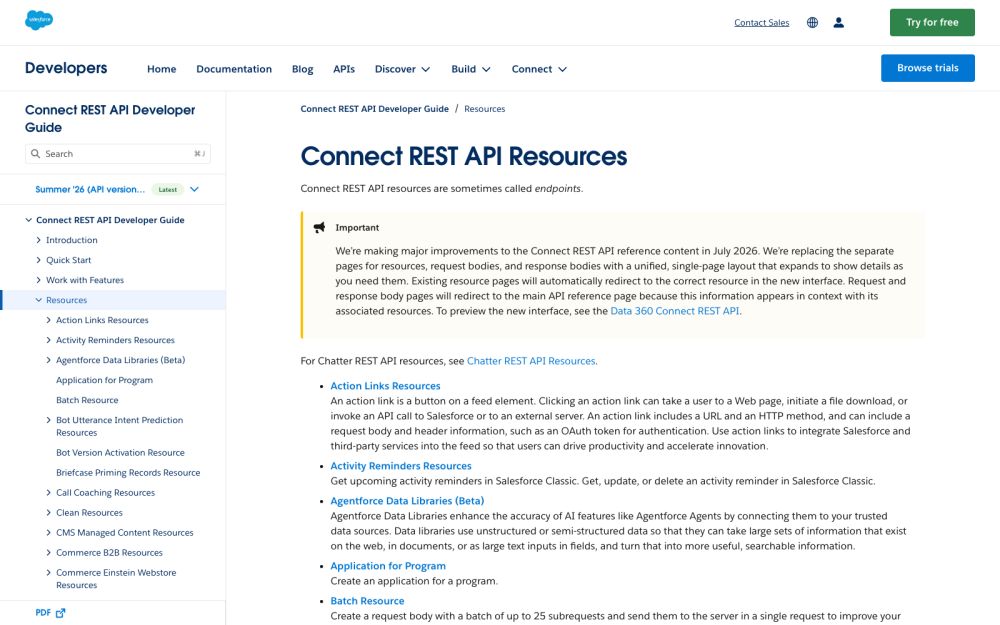Screenshot of the previous Connect REST API reference landing page