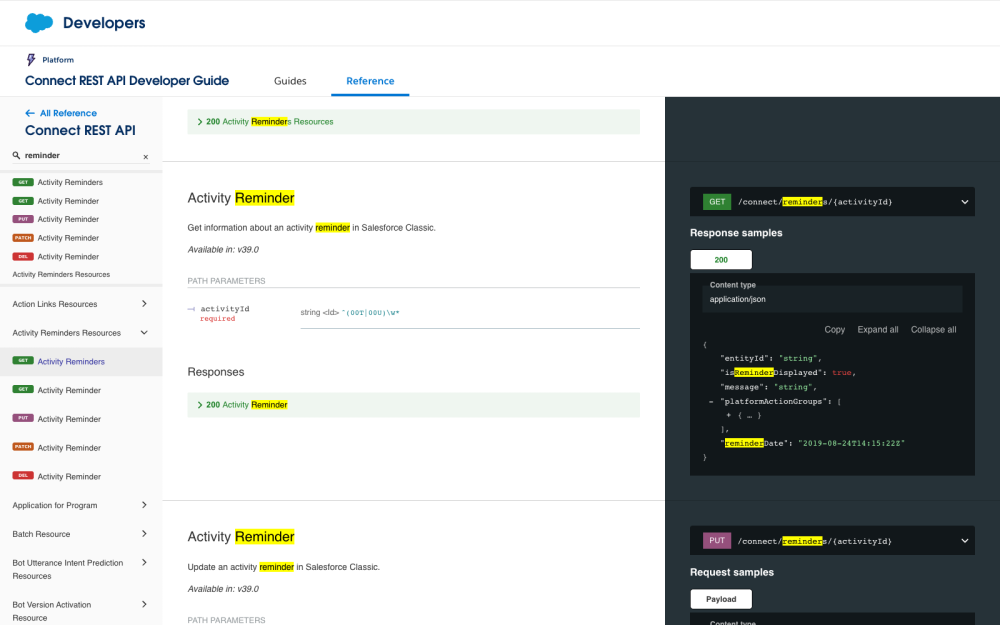 Screenshot showing search results highlighting the word reminder