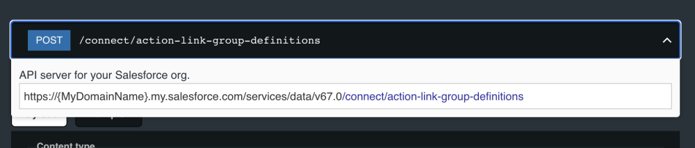 Screenshot showing how clicking an operation's path opens a popup with the full request URL