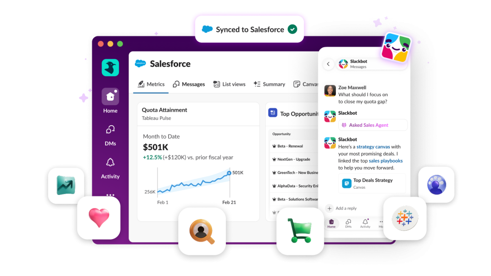 Screenshot of Slack desktop and mobile apps with Salesforce data integrated.