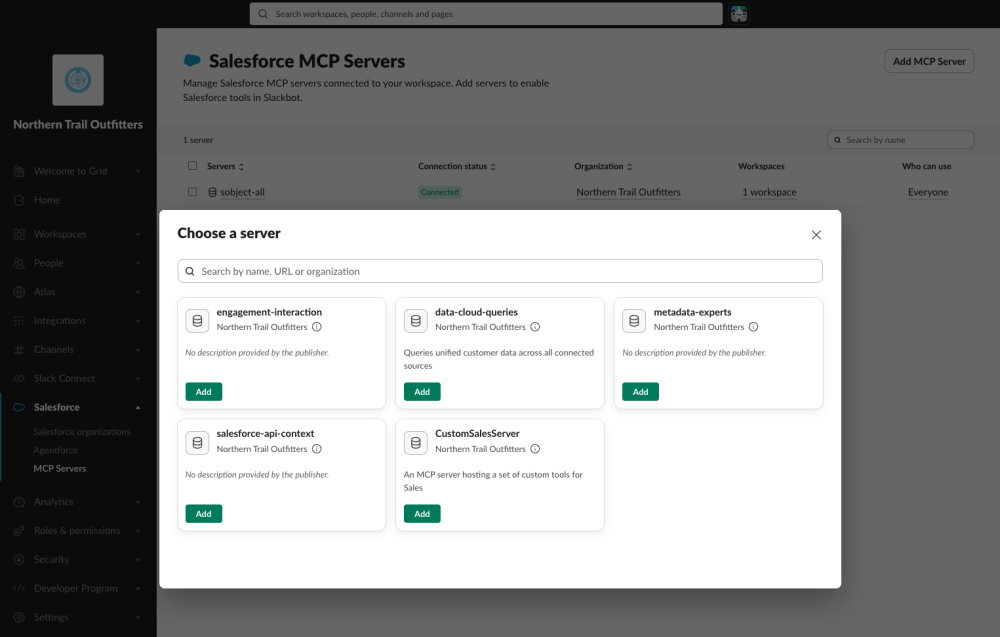 Screenshot showing a list of available Salesforce Hosted MCP Servers that can be added in Slack