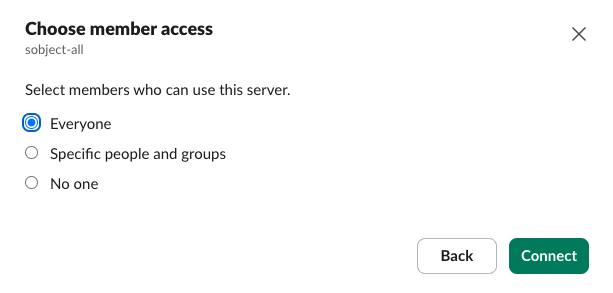 Screenshot of a dialog showing how to control MCP server member access in Slack