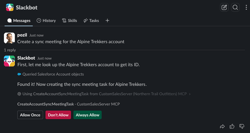 Screenshot of Slackbot prompting the user to confirm use of an MCP tool