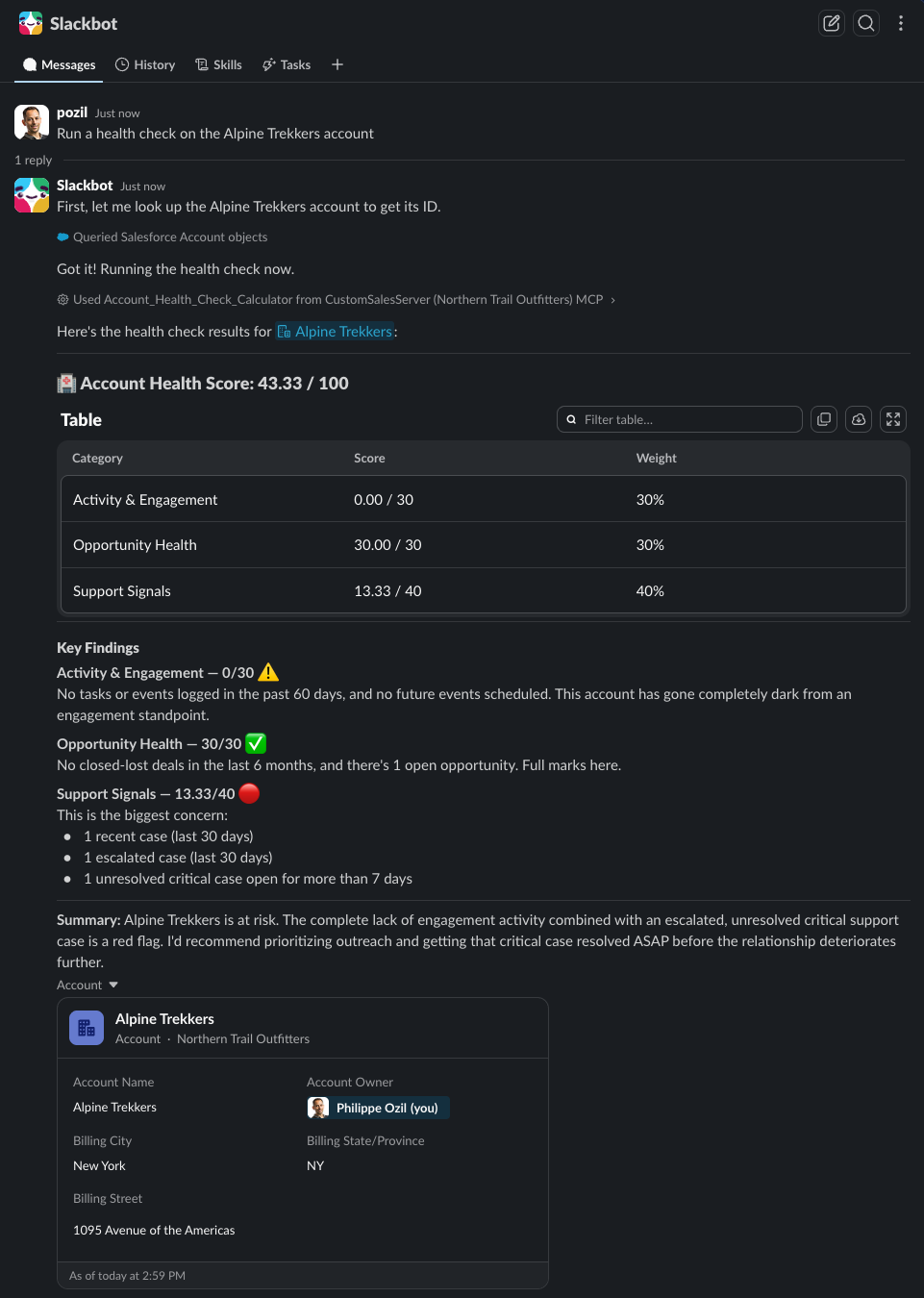 Screenshot showing Slackbot calling a custom MCP tool that runs an account health check.