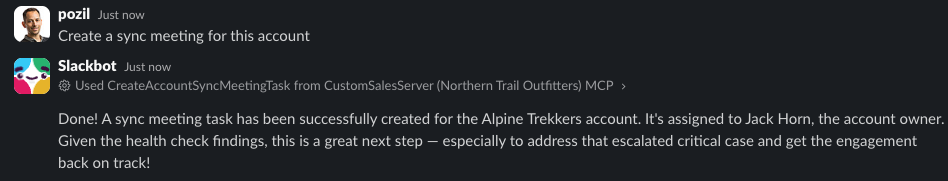 Screenshot of Slackbot calling a custom MCP tool that creates a task