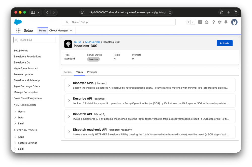 An image of the Headless 360 MCP Server and its tools in Salesforce Setup