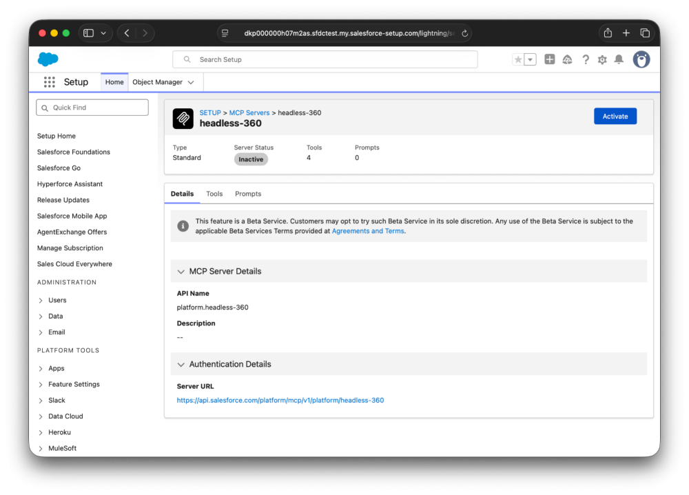 Screenshot showing opt-in to the Headless 360 Server Beta