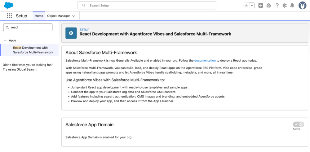 Salesforce Multi-Framework confirmation screen in Salesforce Setup