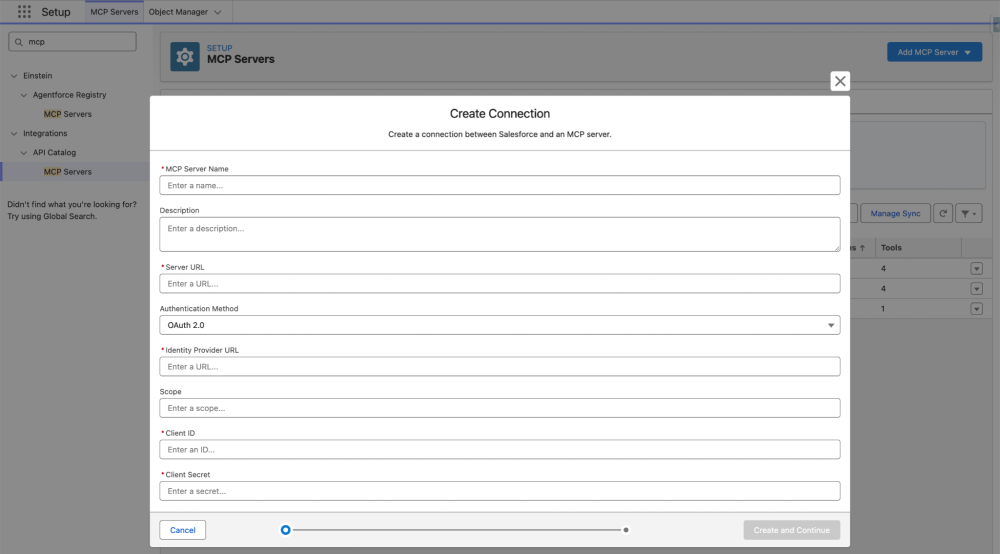 Screenshot of the "Create Connection" form for an MCP server.