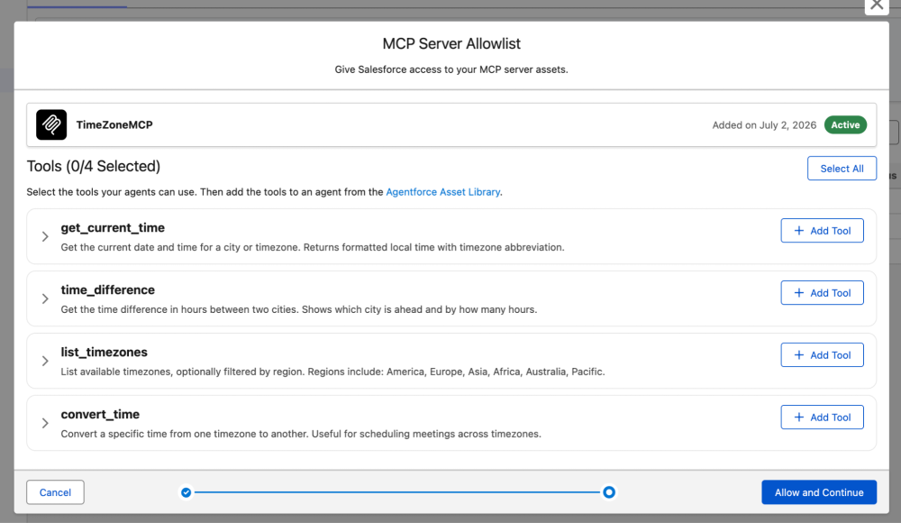 Screenshot of the MCP Server Allowlist interface displaying four available TimeZoneMCP tools to select.