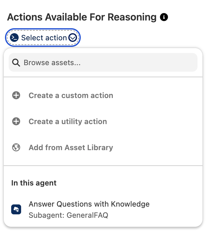 Screenshot of the expanded "Select action" dropdown menu.