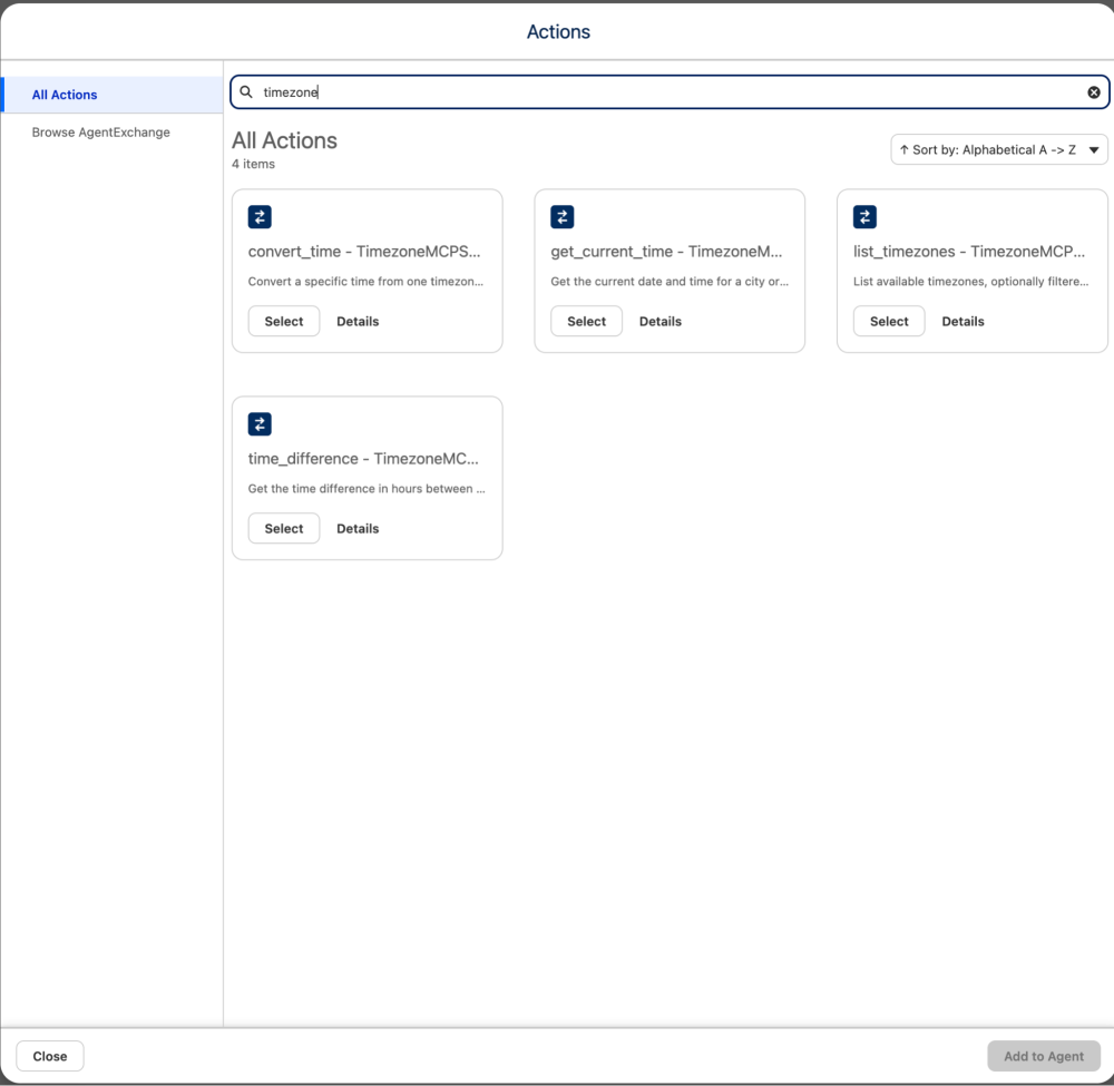 Screenshot of the Asset Library displaying available Time Zone MCP tools to select.