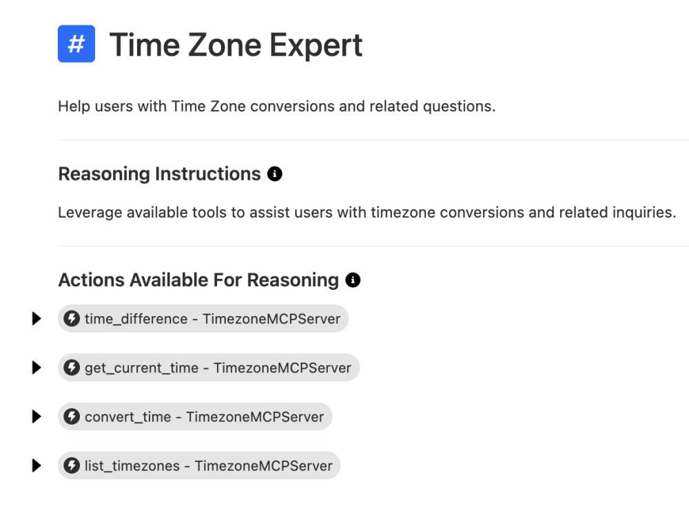 Screenshot of the Agentforce Studio UI showing the Time Zone Expert Sub-Agent configuration and a list of available timezone actions.
