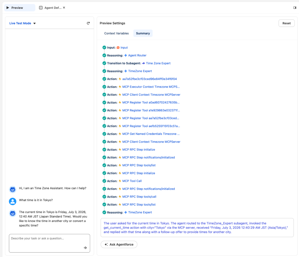 Screenshot of the Agentforce Preview Screen displaying a Time Zone Assistant chat alongside its detailed execution trace.