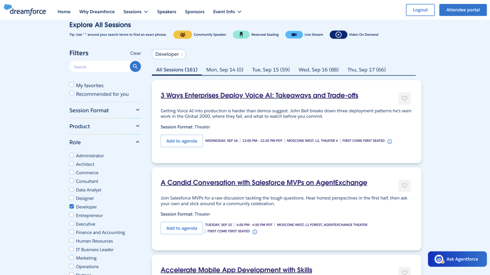 Dreamforce 2026 session catalog with Developer role box checked.