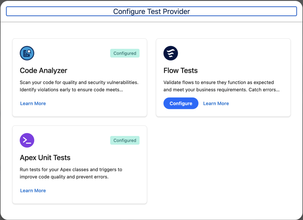 A Configure Test Provider interface showing options for Code Analyzer, Flow Tests, and Apex Unit Tests.