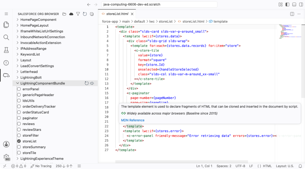 Web Console screenshot showing the Org Browser panel and an LWC file being edited.