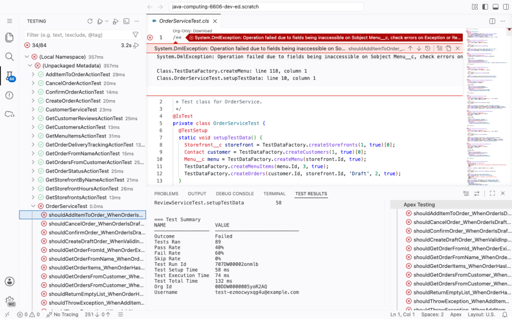 Web Console screenshot showing the Testing panel with Apex tests being run with inline errors.