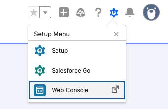 Screenshot showing how to launch Web Console from the Setup menu.