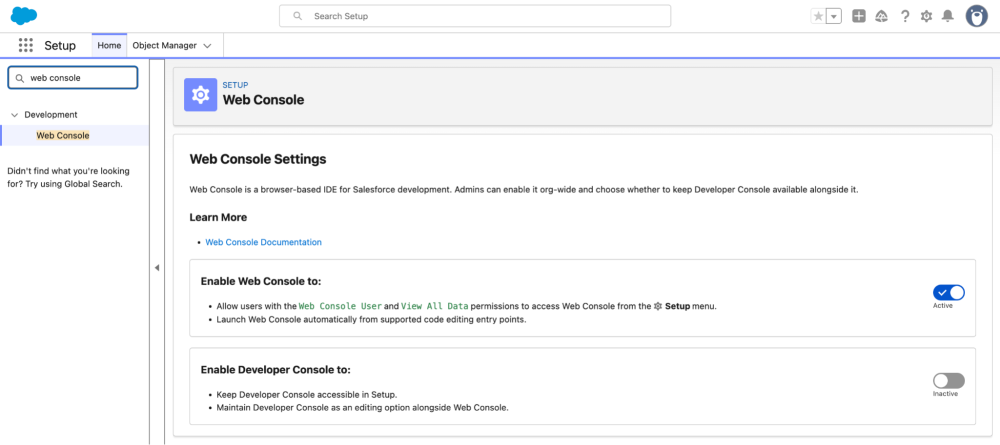 Screenshot showing how to enable or disable Web Console and Developer Console in Setup.
