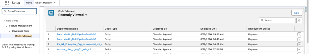 The Code Extension page in Setup lists each deployment, its code type, who it was deployed by, the deployment time, and the current deployment status.