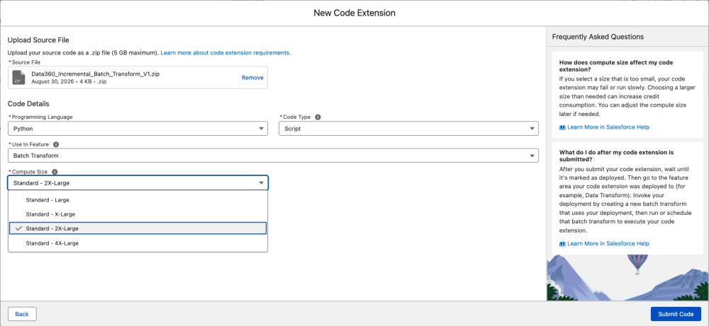 The New Code Extension page captures the source ZIP, language, code type, target feature, and compute size before submission.