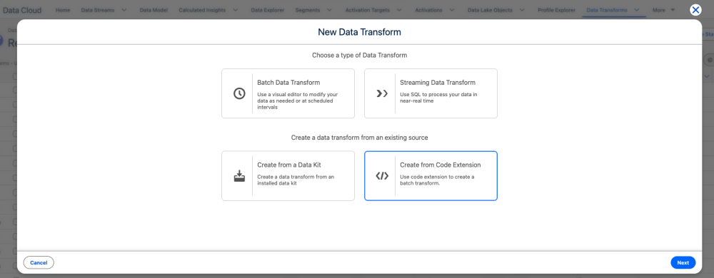 Northstar selected Create from Code Extension to connect the deployed script to a new batch Data Transform.