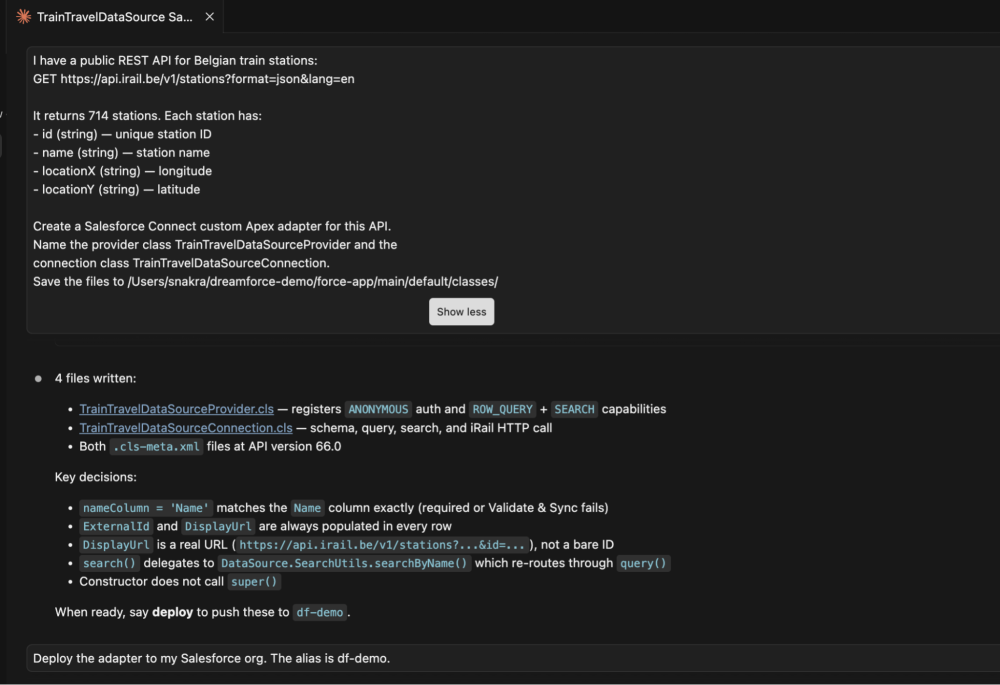 Screenshot showing an agent's terminal output where it has written four files for the 'TrainTravelDataSource', including the provider and connection classes, along with key decisions like mapping the 'Name' column and using 'DataSource.SearchUtils.searchByName()'.