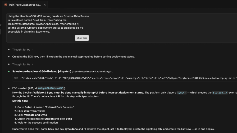 Terminal screenshot showing an agent creating an iRail Train Travel external data source in Salesforce, followed by a list of instructions for the user to manually perform Validate & Sync in the Salesforce Setup UI to complete the process.