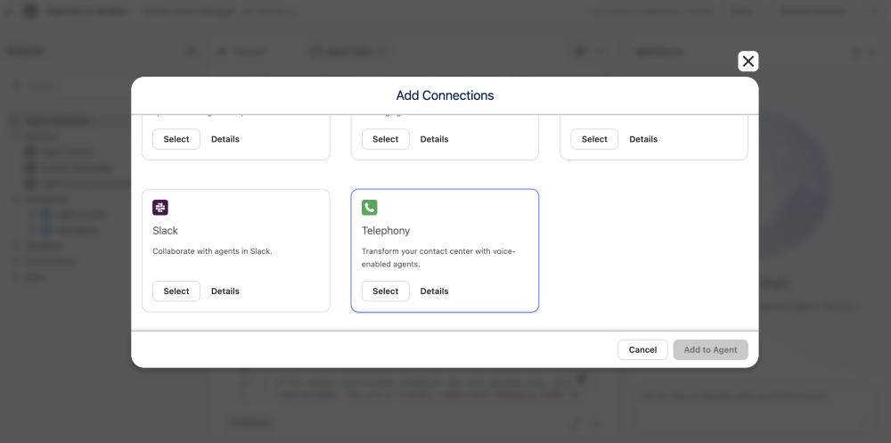 The Add Connections dialog in Agentforce Builder with the Telephony card selected, described as transforming your contact center with voice-enabled agents, next to a Slack connection card.