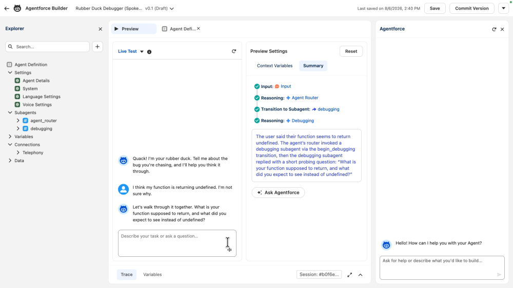 A Live Test in Agentforce Builder where the Rubber Duck Debugger greets the developer, hears that a function returns undefined, and replies with a short Socratic question instead of the fix, with the reasoning trace shown on the right.