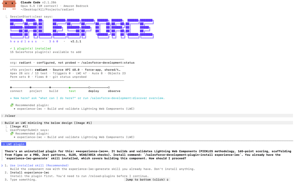 Claude Code terminal where the Salesforce Development plugin recommends a specialized plugin and asks for approval before installing it.