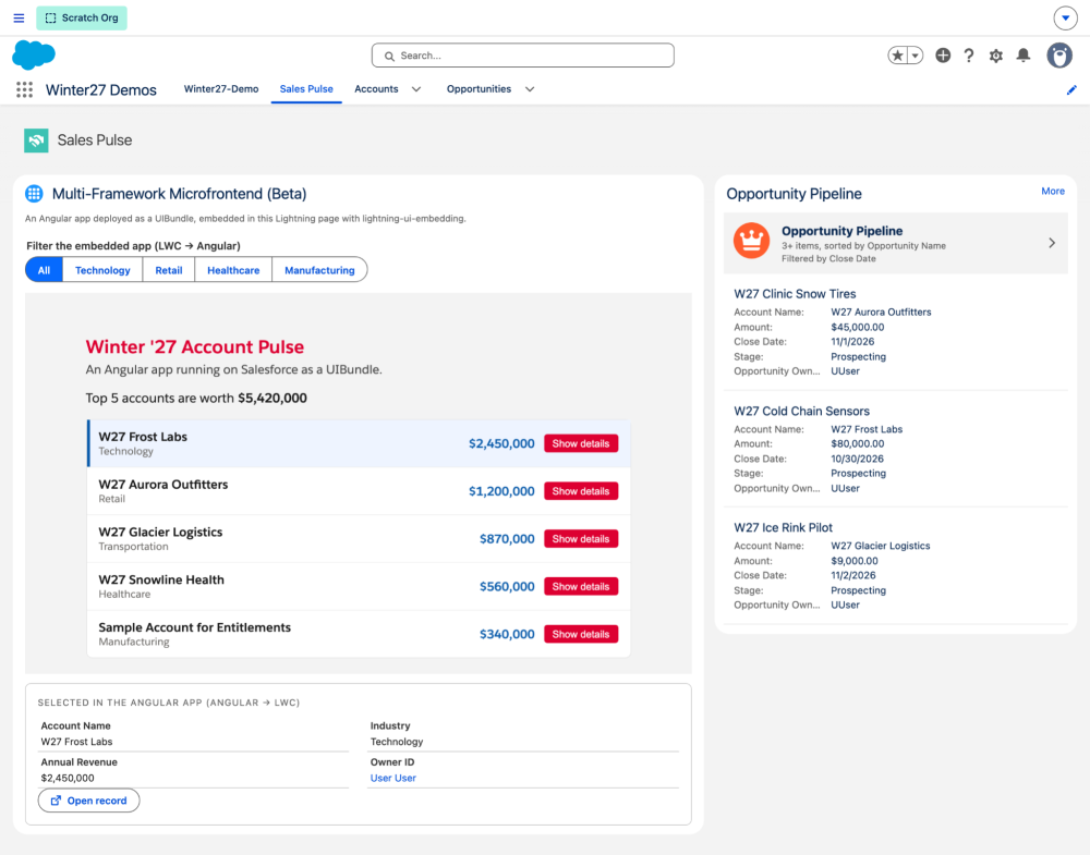 A Salesforce App Page where an Angular app lists top accounts, an LWC filter sits above it, and a native record panel below it shows the account selected in the Angular app.