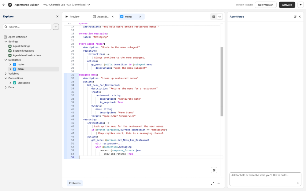 Agentforce Builder Script view showing a messaging connection and a render rule that formats an action output as JSON.