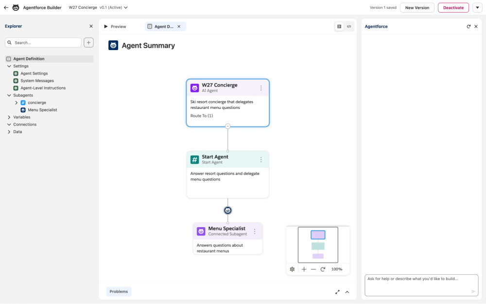 Agentforce Builder canvas showing a concierge agent connected to a Menu Specialist connected subagent.
