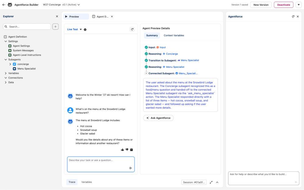 Agentforce Builder preview where the trace shows the concierge transitioning to the Menu Specialist connected subagent, which answers with the restaurant menu.